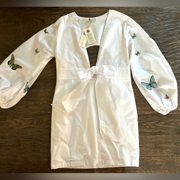 NWT Fanm Mon Larson Embroidered Long Sleeve VNeck Mini White Cotton Dress Sz XL - Picture 3 of 16